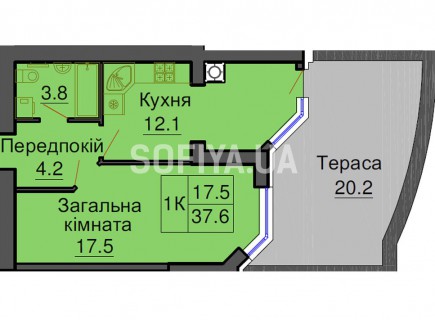 Однокомнатная квартира 37,6 м/кв - ЖК София