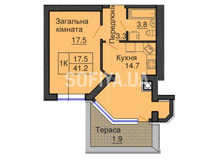 Однокомнатная квартира 41,2 м/кв - ЖК София