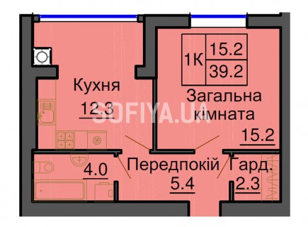 Однокомнатная квартира 39,2 м/кв - ЖК София