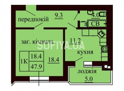 Однокомнатная квартира 47.9 м/кв - ЖК София