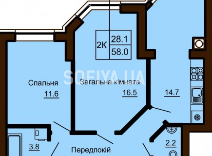 2-х комнатная квартира 58 м/кв - ЖК София