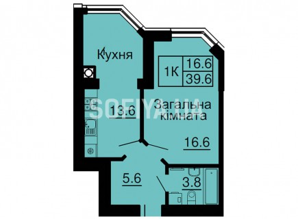 Однокомнатная квартира 39,6 м/кв - ЖК София