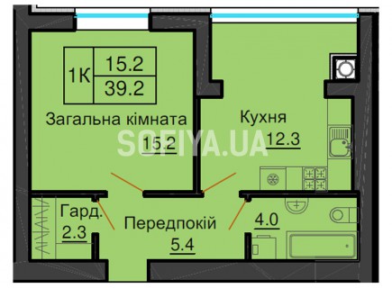 Однокомнатная квартира 39,2 м/кв - ЖК София