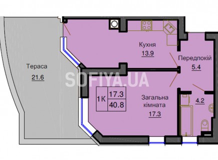 Однокомнатная квартира 40.8 м/кв - ЖК София