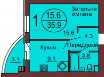 Однокомнатная квартира 35.9 м/кв - ЖК София