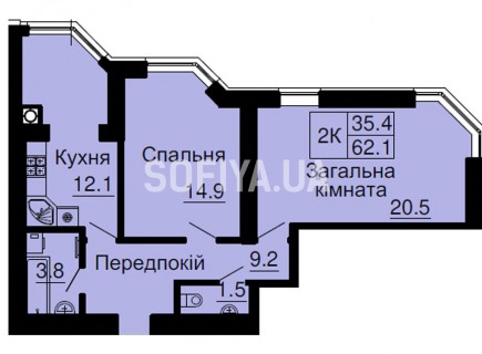 Двухкомнатная квартира 62,1 м/кв - ЖК София