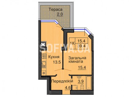 Однокомнатная квартира 39,4 м/кв - ЖК София