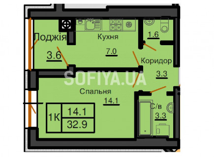 Однокімнатна квартира 32,9 м/кв - ЖК София