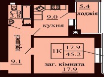 Однокомнатная квартира 45.2 м/кв - ЖК София