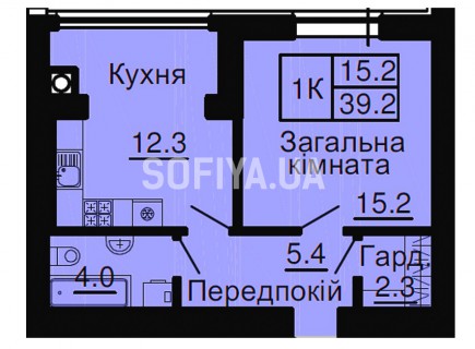 Однокомнатная квартира 39,2 м/кв - ЖК София