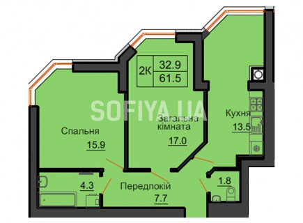 Двухкомнатная квартира 61,5 м/кв - ЖК София