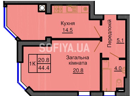 Однокомнатная квартира 44,4 м/кв - ЖК София