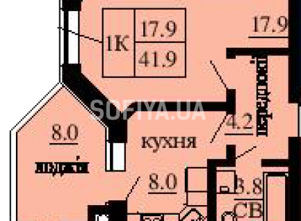 Однокомнатная квартира 41.9 м/кв - ЖК София