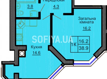 Однокомнатная квартира 38.9 м/кв - ЖК София