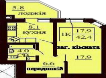 Однокомнатная квартира 42.4 м/кв - ЖК София