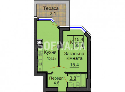 Однокімнатна квартира 39,4 м/кв - ЖК София