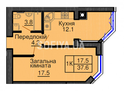 Однокомнатная квартира 37,6 м/кв - ЖК София