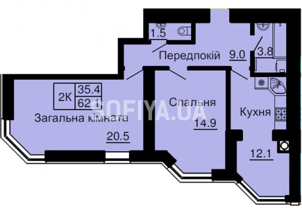 Двухкомнатная квартира 62,1 м/кв - ЖК София