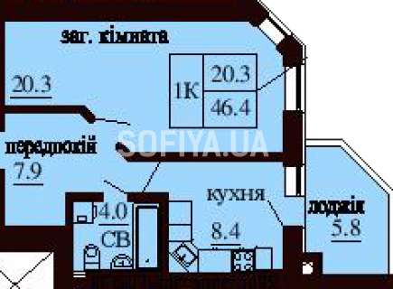 Однокомнатная квартира 46.4 м/кв - ЖК София