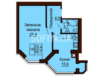 Однокомнатная квартира 50.7 м/кв - ЖК София