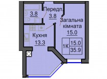Однокомнатная квартира 35,9 м/кв - ЖК София