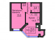 Однокомнатная квартира 37,1 м/кв - ЖК София