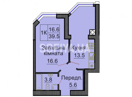 Однокомнатная квартира 39,5 м/кв - ЖК София