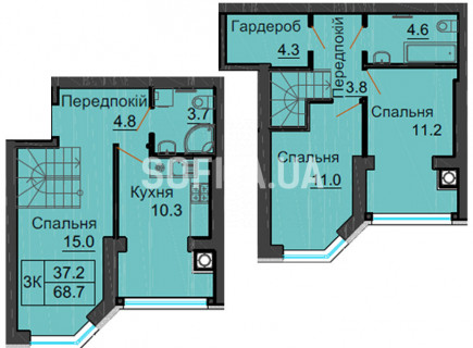 Двухуровневая квартира 68,7 м/кв - ЖК София