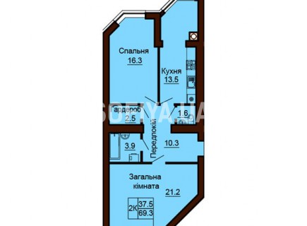 2-х комнатная квартира 69.3 м/кв - ЖК София
