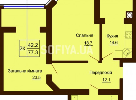 2-х комнатная квартира 77.3 м/кв - ЖК София