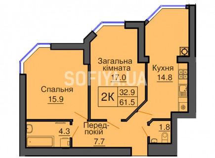 Двухкомнатная квартира 61,5 м/кв - ЖК София