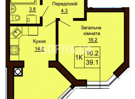 Однокомнатная квартира 39.1 м/кв - ЖК София