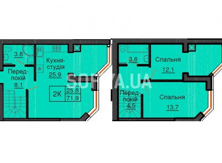 Двухуровневая квартира 71,9 м/кв - ЖК София