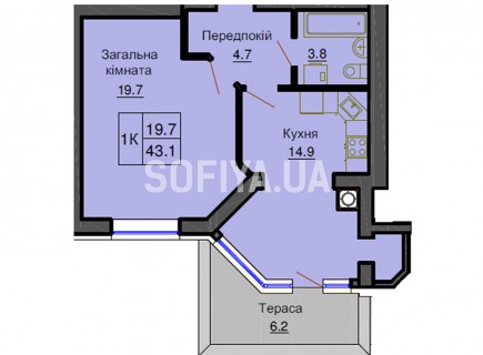 Однокомнатная квартира 43.1 м/кв - ЖК София