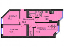 Трикімнатна квартира 74,1 кв.м - ЖК София