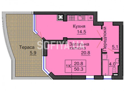 Однокомнатная квартира 50,3 м/кв - ЖК София