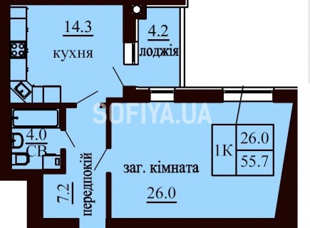 Однокомнатная квартира 55.7 м/кв - ЖК София