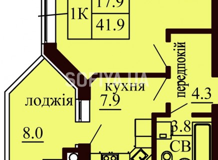 Однокомнатная квартира 41.9 м/кв - ЖК София