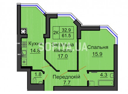 Двухкомнатная квартира 61,5 м/кв - ЖК София