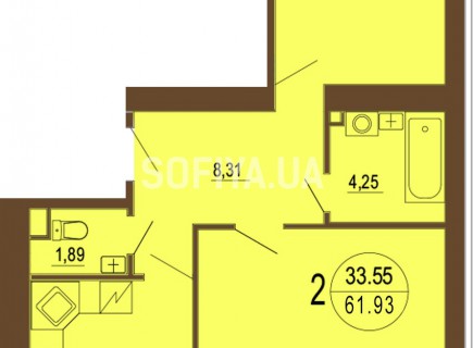2-х комнатная квартира 61.93 м/кв - ЖК София
