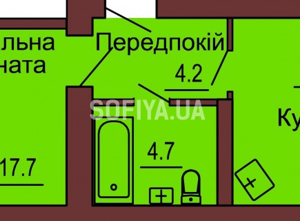 Однокомнатная квартира 45.2 м/кв - ЖК София