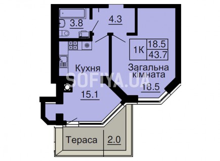 Однокомнатная квартира 43,7 м/кв - ЖК София