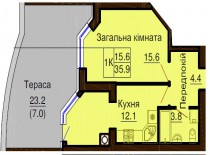 Однокомнатная квартира 35.9 м/кв - ЖК София