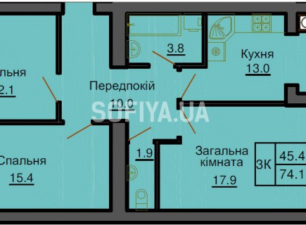 Трехкомнатная квартира 74,1 м/кв - ЖК София