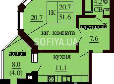 Однокомнатная квартира 51.6 м/кв - ЖК София