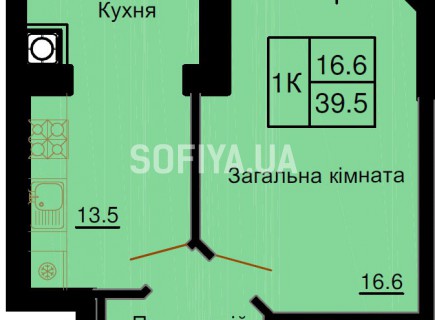 Однокомнатная квартира 39,5 м/кв - ЖК София