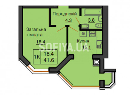 Однокомнатная квартира 41,6 м/кв - ЖК София