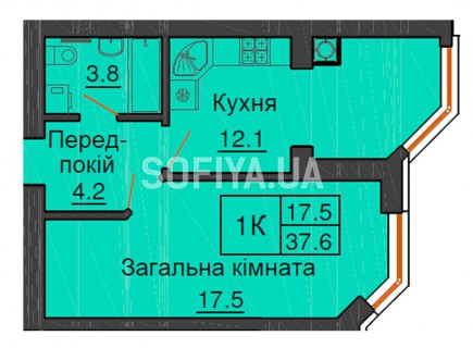 Однокомнатная квартира 37,6 м/кв - ЖК София