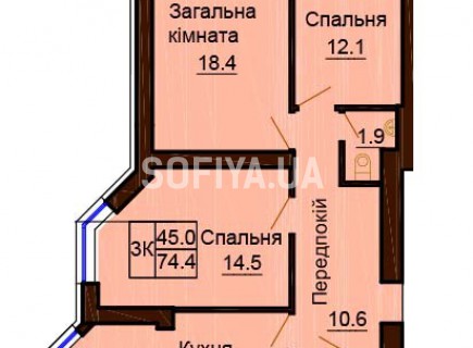 3-х комнатная квартира 74.4 м/кв - ЖК София