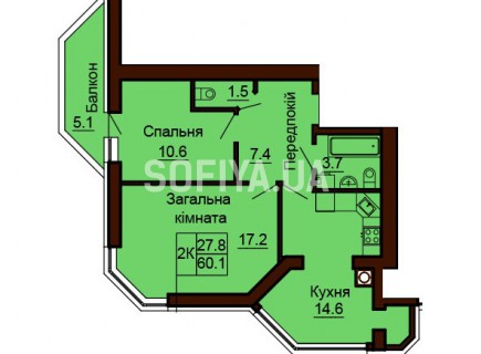 2-х комнатная квартира 60.1 м/кв - ЖК София